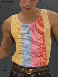 Men's Tank Tops Men Mesh Tank Tops Transparent Streetwear Colourful Striped Oneck Sexy Sleeveless Vests Fashion Casual Tops S5XL INCERUN 230425