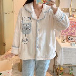 Women's Sleepwear Flannel Women Pyjamas Sets Autumn Winter Warm Thick Coral Velvet Long Sleeve Cartoon Cute Home Pijamas Set Girl