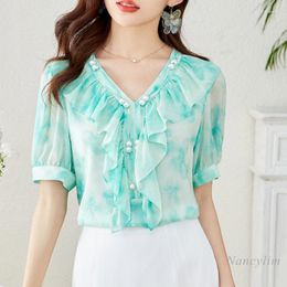 Women's Blouses V-neck Flounce Printed Chiffon Blouse Women's Summer Shirt 2023 Fashion Short Sleeve Beaded Loose Blusas Mujer