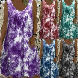 Casual Dresses Womens Holiday Sleeveless Tie Dye Sun Dress Ladies Summer Beach Plus Size Sundress A-line Midi