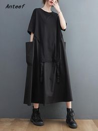 Dress Anteef short sleeve oversized black cotton vintage dresses for women casual loose long summer dress elegant clothing 2022