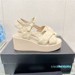 2023-Designer Women Summer Sandals Fashion Leather Platform Wedges High Heels Pumps Slingbacks Sewing Design Female Gladiator Shoe