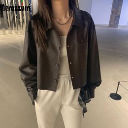 Jackets Nerazzurri Spring Brown Short Light Soft Faux Leather Jackets for Women 2021 Long Sleeve Pocket Oversized Black Korean Fashion