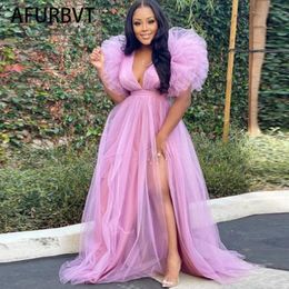 Dress Cute Pink White Ruffles Tulle Ball Gowns for To Birthday Long Party Dresses Sexy Deep V Neck Puff Sleeve Maxi Dress