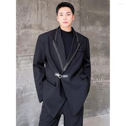 Men's Suits Metal Chain Collar Loose Casual Vintage 2 Pieces Coat Pant Korean Fashion Suit Blazer Jacket Flared Pants Sets Men