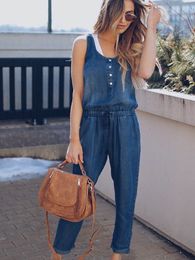 Women's Jumpsuits Rompers Women Summer Solid Sleeveless Denim Jumpsuit Long Trousers Clubwear Rompers Trousers Overalls Navy Blue 230426