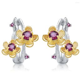 Stud Earrings GEM'S BALLET 925 Sterling Silver Handmade 2.10Ct Natural Rhodolite Garnet Branch Blossom Flower For Women