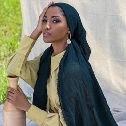 Hijabs Ramadan Cotton Crinkle Headband Veil Scarves Women Solid Color Head Wraps Long Scarves Turban Headband Muslim Fashion Headscarf 230426