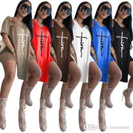 2023 Women Tracksuits Casual Printing Round Neck Split Mid Length Top Shorts Two Piece Set