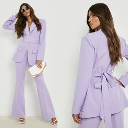 Fashion Purple Slim Fit Women Pants Suits Set Super Long Blazer Wide Leg Custom Made Office Lady Party Prom Dress