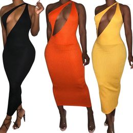 Casual Dresses One Shoulder Knit Ribbed Cut-Out Long Dress Women Sleeveless Asymmetrical Hollow Out Bodycon Maxi Woman Party Night Club