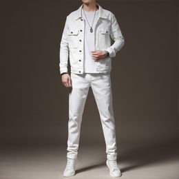 Studi per tracce autunnali primaverili set di jeans per allungamenti bianchi per uomo giacca e pantaloni a maniche lunghe slim casual e pantaloni da 2 pc set dimensioni m-5xl vestiti maschili