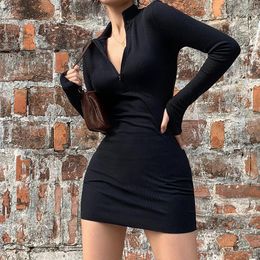 Dress Women Long Sleeve VNeck High Waist Versatile Mini Dress Sexy Bodycon Streetwear Zipper Black Work Dress Slim Pencil Dress