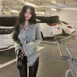 Women's Blouses Spring Elegant Long Sleeve Denim Solid Chemise Femme Y2k Streetwear Sexy Women Camisa Crop Tops Shirts Korean Slim Waist