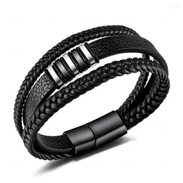 Bangle Stainless Steel Black Multilayer Leather Bracelet For Men Magnetic Clasp Button Vintage Braid Luxury High-end Jewellery