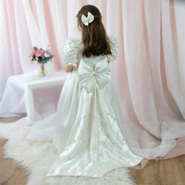 Girl Dresses Ivory Satin Flower With Bow Ribbon Jewel Neck Ankle Length Bubble Short Sleeves Girls First Communion