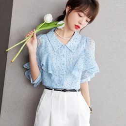 Women's Blouses Sweet Girls Summer Chiffon Printing Blouse Short Sleeves Thin Soft Blue Top For Fashion Lady