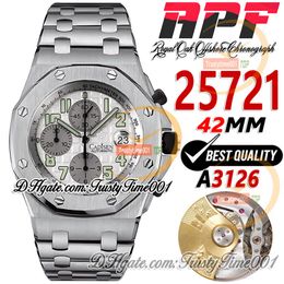 APF 42mm 25721 A3126 Automatic Chronograph Mens Watch White Textured Dial Numeral Markers Stainless Steel Bracelet Super Edition trustytime001Wristwatches