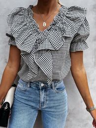 Women's Blouses Sweet Double V Neck Ruffles Short Sleeve Office Lady Slim Women Summer Red Blue Plaid Print Blouse Shirt