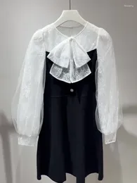 Casual Dresses Spring 2023 Elegant Celebrity Temperament Small Fragrant Wind Bow Tie Mesh Splice Exquisite Milk Fufu Dress