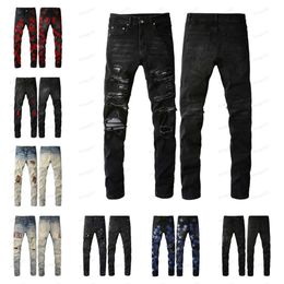 designer amirs Mens Mens Jeans High Street Purple Jeans for mens Embroidery pants Womens Oversize Ripped Patch Hole Deni 5300