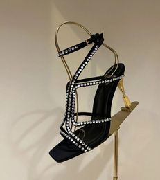 Summer 2023 Perfect Moneta Sandals Shoes Women Crystal Strappy Cross Calf Suede Golden Engraved Heel Party Wedding Pumps Gladiator Sandalias EU35-42 Original Box