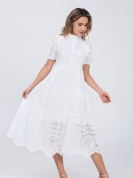 Casual Dresses Marwin Cotton Hollow Out Summer White dress Women Holiday Perppy Casual High Waist Ruffled Mini dresses Aline frills vestido 230425