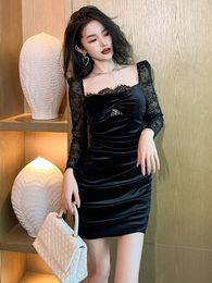 Casual Dresses Spring Autumn Fashion Women Evening Dress Black Chic Mesh Sheer Sexy Square Collar Slim Mini Party Mujer Vestidos