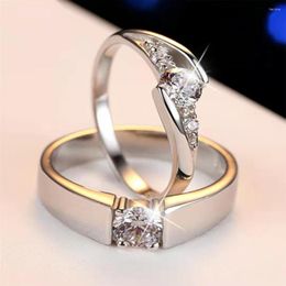 Wedding Rings 2PCS Copper Plated Silver Resizable Crystal Engagement Ring Couple Lover Men Women Finger Jewellery Bijoux Wholesale
