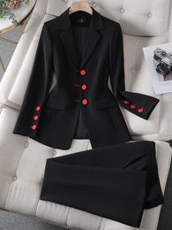 Women's Suits Blazers Women Formal 2 Piece Blazer Set Fashion Black Apricot Blazer Jacket Flare Pant Suit Elegant Office Ladies Business Work Wear 230426