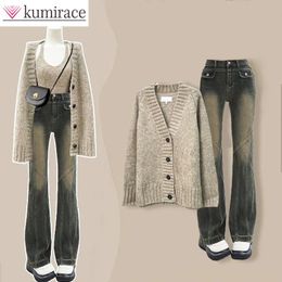 Women's Two Piece Pants A Complete Set of 2023 Korean Version Suspender Knitted Jacket and Jeans Three for Autumn Winterpant S 231124