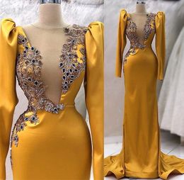 2023 April Aso Ebi Gold Mermaid Prom Dress Lace Beaded Crystals Sexy Evening Formal Party Second Reception Birthday Engagement Gowns Dress Robe De Soiree ZJ663