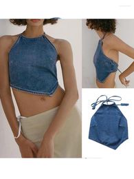 Women's Tanks Summer One-shoulder Neckline Floral Camisole Design Shoulder Strap Metal Buckle Denim Top