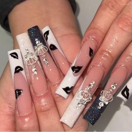 False Nails HEALLOR 24pcs Press On Christmas Pattern French Long Crystal Fake Nail Full Cover Flower