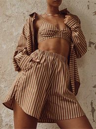 Casual Dresses Hirigin Women 3 Piece Matching Suits Striped Solid Sling Bra Tops Long Sleeve Lapel Shirt Elastic Waist Shorts Vintage Outfit