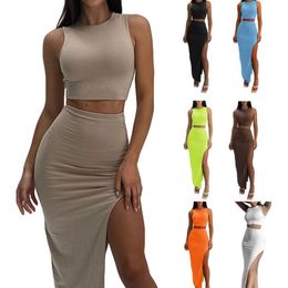 Two Piece Dress Skirt Set Women's Suit y2k Clothes Summer 2023 Sexy Outfit Cropped Top and Split Chic Elegant Female Clothing 230425