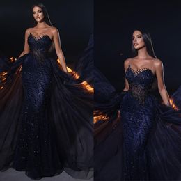 Romantic Navy Blue Prom Dresses Sweetheart Mermaid with Overskirts Party Dresses Sequined Lace Custom Made Evening Dress