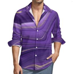 Men's Casual Shirts Purple Marble Shirt Man Abstract Liquid Autumn Stylish Pattern Blouses Long Sleeve Trendy Oversize Clothing Gift