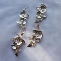 Dangle Earrings Gold Silver Color Floral Bridal Drop Earring Handmade Leaf Wedding Jewelry Pearls Women Accessories