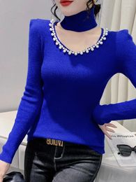 Women's Sweaters 2023 Winter Ladies Fashion Slimming Rhinestone Collar Knitted Top Simple Long-Sleeved Sweater Solid Bottoming Shirt