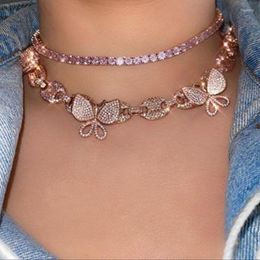 Chains 15" 16" White Pink Color Micro Pave 5A Cz Coffee Beaded Chain Butterfly Charm Iced Out Choker Necklace For Women