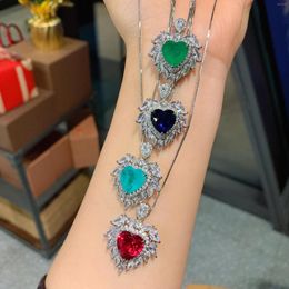 Pendant Necklaces EYIKA Charms Blue Paraiba Tourmaline Created Ruby Fusion Stone Zircon Heart Necklace Women Romantic Wedding Fine Jewellery