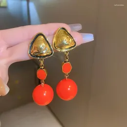 Dangle Earrings Minar Retro Red Color Enamel Acrylic Triangle Ball For Women Gold Plated Metal Geometric Long Hanging Earring