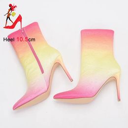 Pink Low-priced 492 Women's Rainbow High-heeled Discounted Ankle Handmade CRYSTAL Rhinestone Wedding Pointed Silk Boots Shoe 231124 919