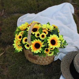 Decorative Flowers Artificial Sunflowers With Vase Set Pot Basket Daisy Flores Bonsai For Home Year's Picnic Wedding Living Room Decor