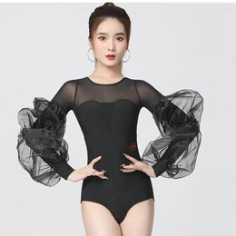 Stage Wear Summer Ballroom Latin Dance Tops Costumes Mesh Women Leotard Long Sleeves Waltz Modern Bodysuit Dancewear TXH-DBL302