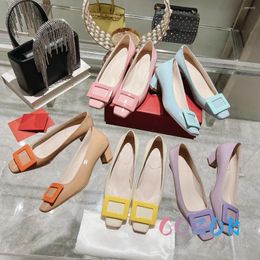 Dress Shoes 2023 Candy-colored Square Toe Metal Buckle Thick Heel Real Leather Pumps Women's Party