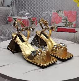 Sandálias femininas exclusivas de designer, moda com strass, fivela de metal, couro genuíno, salto alto, festa, casamento, sapatos 34-42