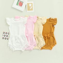 Clothing Sets FOCUSNORM 4 Colours Summer Baby Girls Boys Clothes 2pcs 0-24M Ruffles Sleeve Solid Romper Tops Lace Elastic Pants