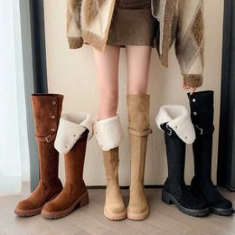Women Over The Knee Boots 6cm Thick Heel Winter Women Snow Boots Keep Warm Retro Two Wear Foldover Laides Long Botas Mujer